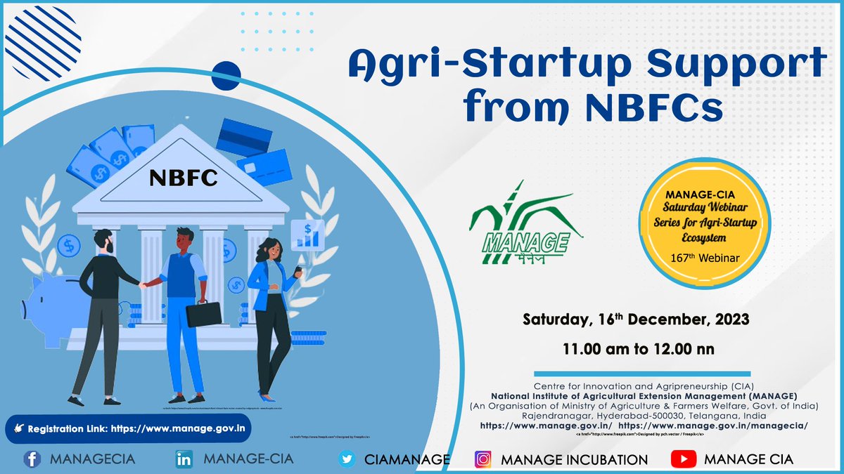 CiaManage's tweet image. MANAGE-CIA is hosting its 167th webinar on "Agri-Startup Support from NBFC." Be part of the insightful conversation on December 16, 2023.

Register here: manage.gov.in/trgModule/emai…
#AgriStartups #WebinarAlert #NBFCSupport #InnovationInAgriculture