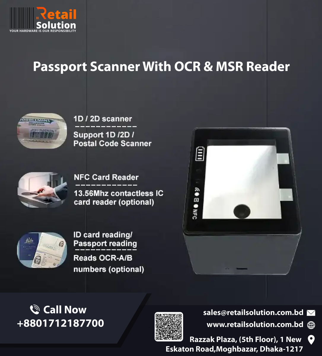 Passport Scanner With OCR & MSR Reader 

Technology
NFC/RFID
Barcode
OCR/MRZ

retailsolution.com.bd/passport-scann…

Call for Price 
Cell: 01712-187700
Address: Razzak Plaza, (5th Floor), 1 New Eskaton Road, Moghbazar, Dhaka-1217

#passportscanner
#passportreader
#atompassportscanner