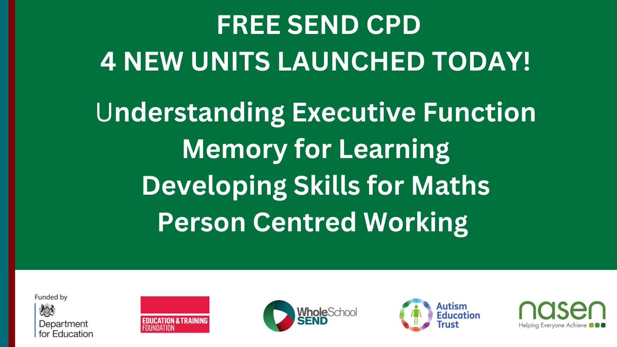 📢 LAUNCHED TODAY!

Brand new #SEND CPD units on #ExecutiveFunction #PersonCentredWorking #Memory #MathsSkills.

✔️FREE
✔️Complete in 20 minutes
✔️Guidance on adaptations to teaching across the age-range

Read more: ow.ly/48sm50QhyYt
Get started: wholeschoolsend.org.uk/page/online-cp…