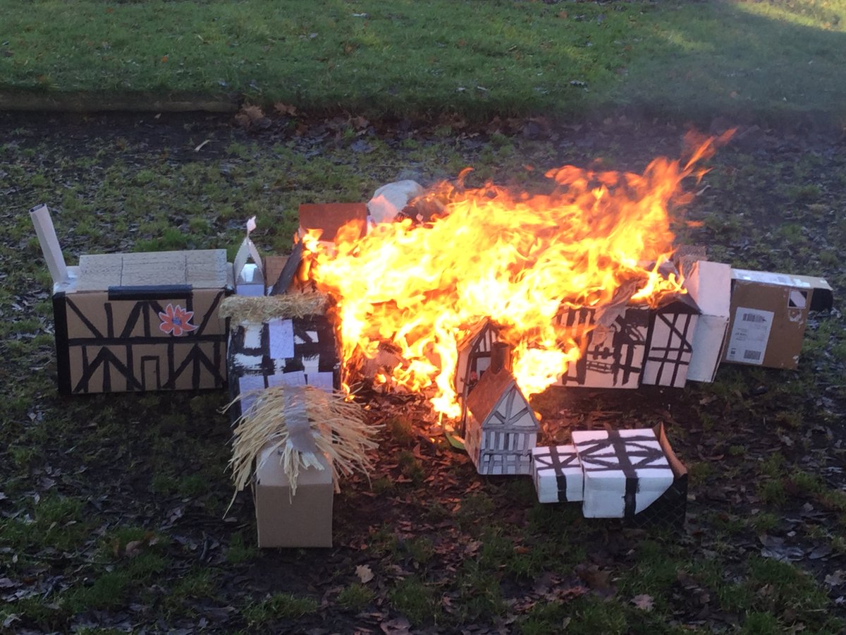 The children recreated the Great Fire of London in Forest School. The children created Pudding Lane and the streets of London using the Tudor Houses that they had made.  The fire started in a bakery on Pudding Lane and quickly spread to houses nearby.