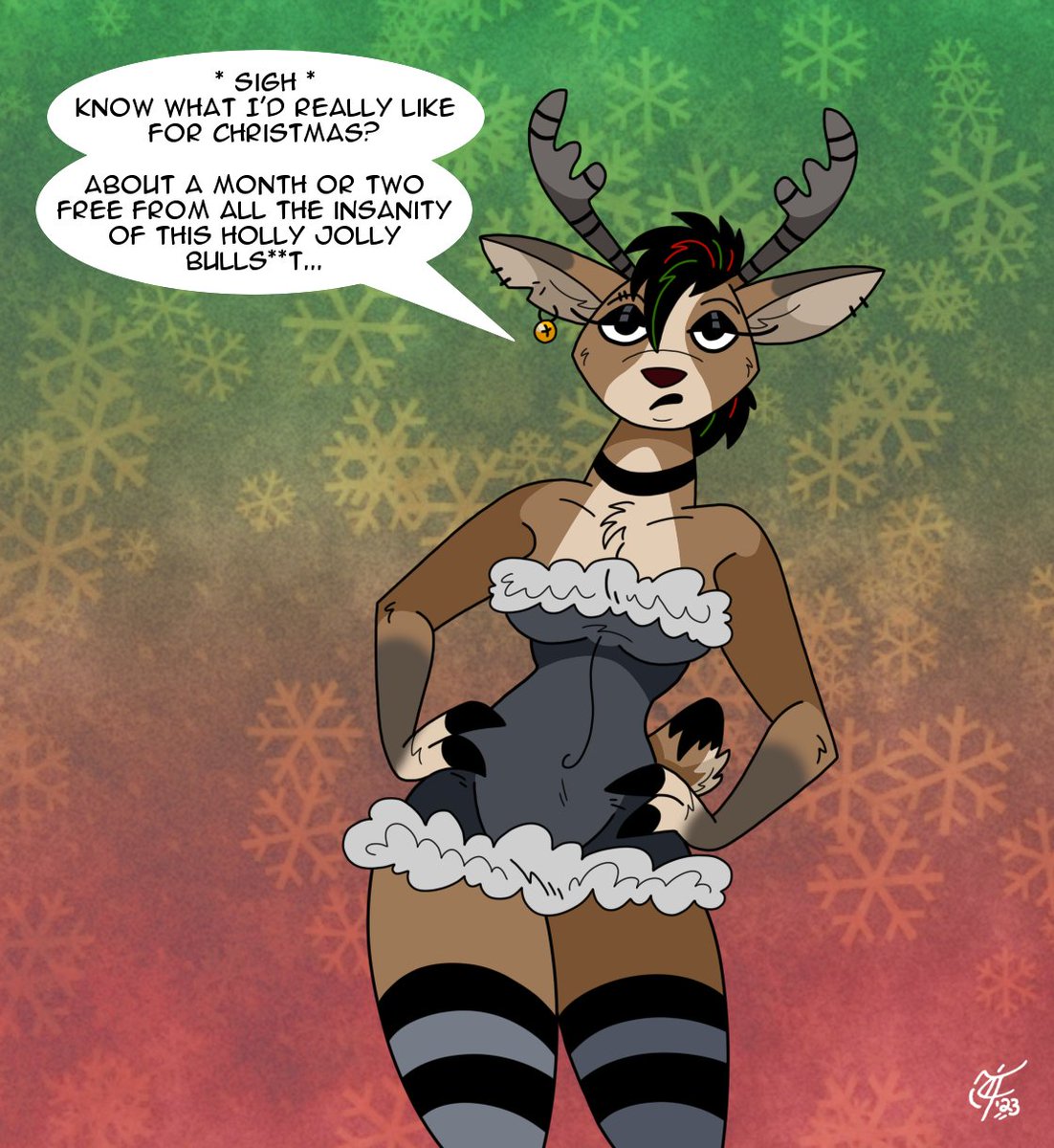 Ramona Tuktu, looking festively pretty, but still relatably frustrated, shares her special Christmas wish 🎄🦌✨🖤💢😏 #HappyDrawlidays2023 #RamonaTuktu #emogirl #reindeergirl #christmasoutfit #edgelady #bahhumbug #tistheseason #ocartist #reindeerready