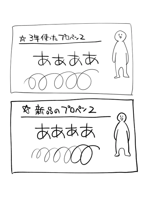 古いプロペン2と同じ筆圧で描くと新品のプロペン2がマジックペンみたいになってしまう😂古い方が壊れたら新しい方の調整がめんどくさそうだなぁ