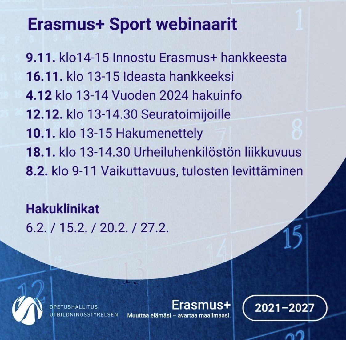 liintola's tweet photo. 📣 Hoi seuratoimijat! 

Erasmus+ Sport webinaari: miten sinun seurasi voi hyötyä ohjelman mahdollisuuksia? 

🗓️ 12.12. 
⏰ 13.00 - 14.30 
📍Teams 

Ei ennakkoilmoittautumista ➡️ https://t.co/rmyjGFOGEp… 

Tervetuloa mukaan! Me autamme alkuun ja matkan varrella! https://t.co/U8kT5UNZtC