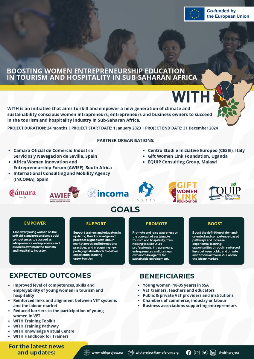 WITHProject_'s tweet photo. Calling all players in the #tourism and #hospitality  sector in Sub-Saharan Africa!  Learn more about the #WITHProject and our goal to #skill and #empower a new generation of women intrapreneurs, #entrepreneurs, and business owners to succeed in the industry.  #WomenInTourism 🌟 https://t.co/wAUz6Vc2us