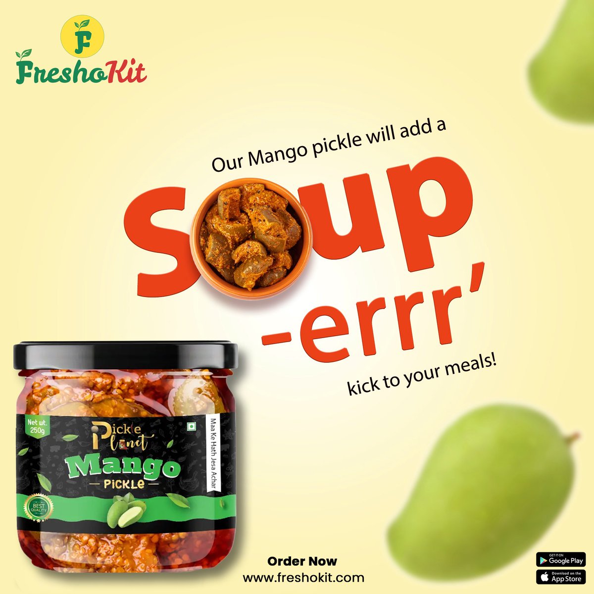 Relive the nostalgia of your grandma's kitchen with Pickle Planet Mango Pickle!

Order now  freshokit.com/product/pp1425…

#GrandmasKitchenRevived #PicklePlanetMemories #ChatpataDelight #FlavorfulJourney #HomemadeGoodness #MangoPicklesLove #SavorySavior #TasteOfTradition