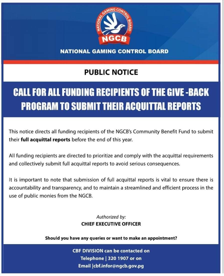 Public Notice: Call for all funding recipients of the give-back program to submit their acquittal report