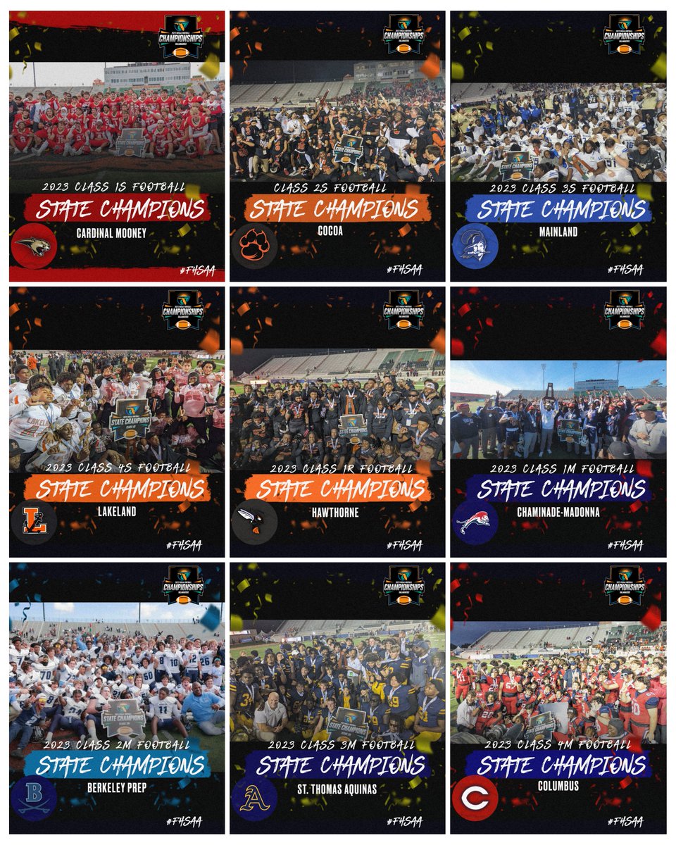 🏈🥇🏆Congratulations to all of our #FHSAA Football State Champions!
<a href="/Mooney_FB/">Cardinal Mooney Football</a> <a href="/CocoaFootball/">Cocoa Football</a> <a href="/TheMainlandHSFB/">Mainland High School Football</a>
<a href="/LHSDreadnaughts/">Lakeland Football</a> <a href="/HHS_Football352/">Hawthorne Hornets</a> <a href="/Nadeboyz/">Chaminade-Madonna Football</a>
<a href="/BPS_Football/">Berkeley Football</a> <a href="/STA_Football/">Aquinas Football</a> <a href="/ColumbusFtball/">Columbus Explorers Football</a>