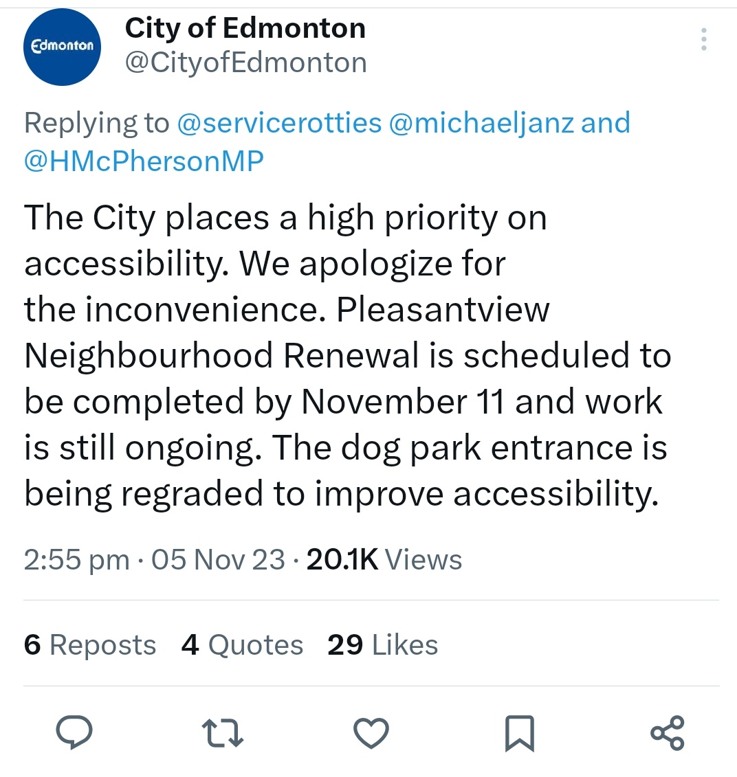 It's day 37 of reminding the <a href="/CityofEdmonton/">City of Edmonton</a> that barriers to access for persons with disabilities are not an "inconvenience". An inconvenience is when one bulb on your string of Christmas lights is out. 

We have been asking the city to provide proper inclusivity training for