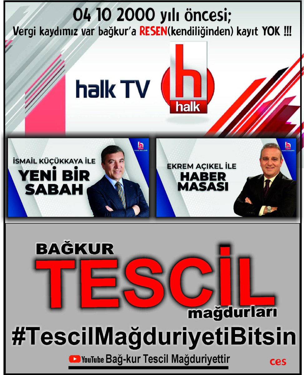 04 10 2000 yılı öncesi vergi kaydımız var bağkura tescil kayıt hakkımız 1479 sayılı kanun 18.👈 MADDE ile KAPALI
Sn. <a href="/KucukkayaIsmail/">Ismail Kucukkaya</a>   ve <a href="/ekremacikel/">Ekrem Açıkel</a>  <a href="/halktvcomtr/">Halk TV</a> 
Bizlerin sesi olun 🙏 coşkun ucan
#TescilMağduriyetiBitsin