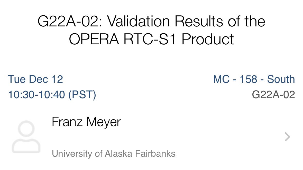 🚨SAR Twitter🚨 Tomorrow is #SAR Day at the @theAGU #AGU23 meeting. Come by room 158 in Moscone South for an all-morning series of presentations 🛰️🥳! My contribution is at 10:30am in the same South 158 room. Swing by to lean about @NASAJPL OPERA! #GoldenAgeOfSAR