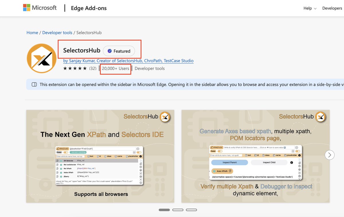 SanjayKumaarr's tweet image. @SelectorsHub Now Officially Featured ✅ in Edge Store as well. Also with 20K+ active users &amp;amp; all 5* rating, SelectorsHub is the most used &amp;amp; highest rated XPath Add-ons in Microsoft Edge Store.

microsoftedge.microsoft.com/addons/detail/…

#edge #xpathplugin #microsoft @EdgeDevTools @MicrosoftEdge