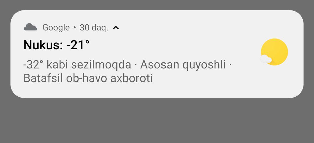 Sezilyapti emas rosmanasiga -32⁰C bizda boya taksida koʻrdim -28edi🤧Muz qotdi yuzimga nafasim bugʻlanib.Nukus va shunga yaqin tumlarda doimiy yashaydiganlarga rahmat aytyapman qayta qayta.Bu joylardi yozda issiğiga,qishda sovuğiga chidaydigan.Uyga ketgim keldiiii🥲