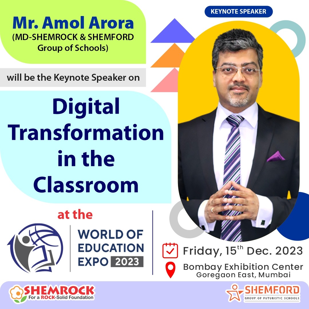 shemrockrohini's tweet image. Exciting news! 🌐 Join Mr. Amol Arora, MD of SHEMROCK and SHEMFORD Group of Schools, at World of Education Expo 2023 in Mumbai on Dec 15. 🎓 Explore the future of education, classroom transformation, and EdTech innovation. 🚀 #EduTechRevolution #DigitalLearning #EdTechInnovation