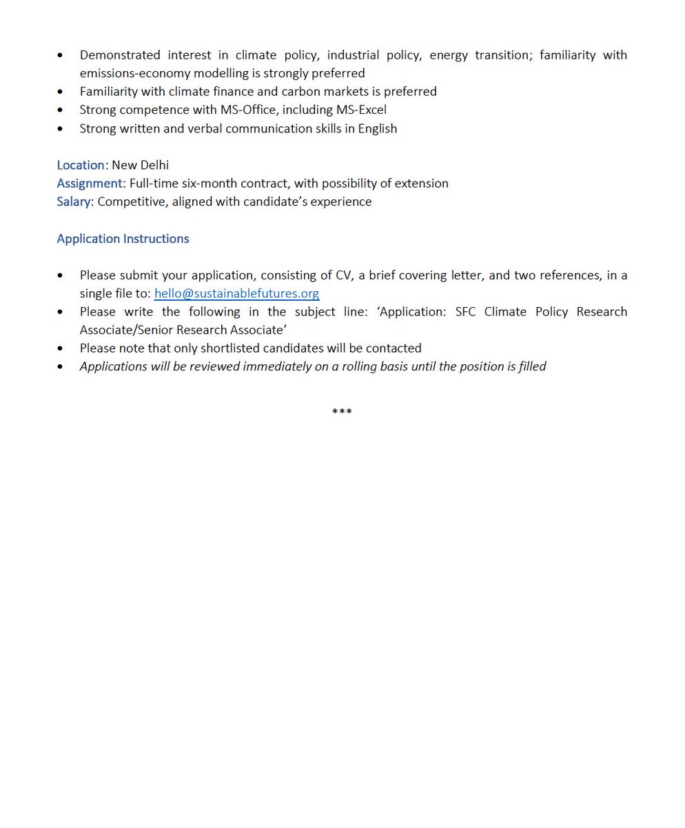 #Hiring: SFC invites applications for a Research Associate/Senior Research Associate to work with its Climate Policy group in New Delhi. Applications will be reviewed immediately on a rolling basis. 

Details: sustainablefutures.org/wp-content/upl…