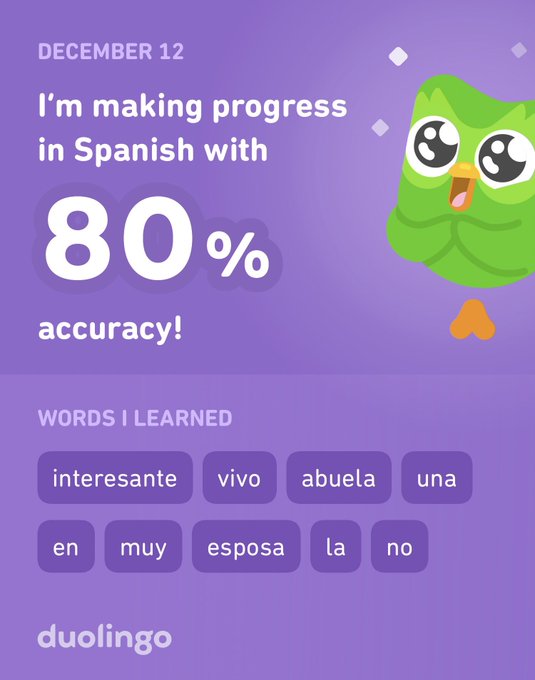 I&rsquo;m learning Spanish on Duolingo! It&rsquo;s free, fun, and effective. https://t.co/KB8UDGZxS0