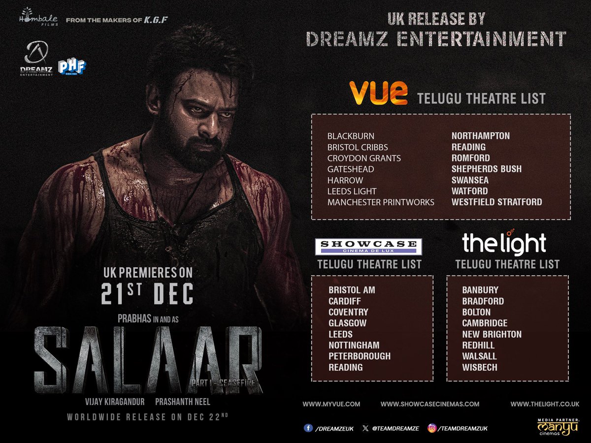 TeamDreamZE's tweet photo. #Salaar UK🇬🇧
Premieres theater list below 👇
Book your tickets 🎫 now at @ODEONCinemas @cineworld @TheLightCinema @ShowcaseCinemas @vuecinemas
Massive release by @TeamDreamZE
#SalaarCeaseFireOnDec22 #SalaarCeaseFire #SalaarinUK #TeamDreamzUK @SalaarTheSaga @hombalefilms https://t.co/9ps9gRVhHu