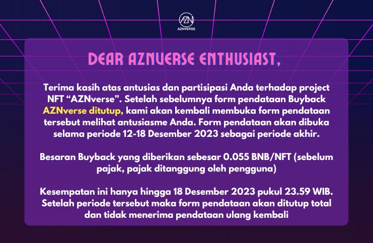 🚨Pengumuman perpanjangan Buyback Project NFT AZNverse

Selengkapnya mengenai opsi Buyback di sini bit.ly/BuyBackAZNverse

Terima kasih atas pemahaman dan dukungannya. 

Salam,
Tim AZNverse