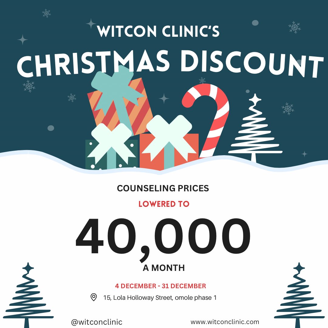 WITCON CLINIC’S HOLIDAY PRICES.🎉
This month, we are hoping to share love through this festive season. 
Visit us and book counseling sessions as low as N40,000 for the month of December!!!
#mentalhealth 
#mentalhealthawareness 
#witconclinicng 
#christmasdiscount