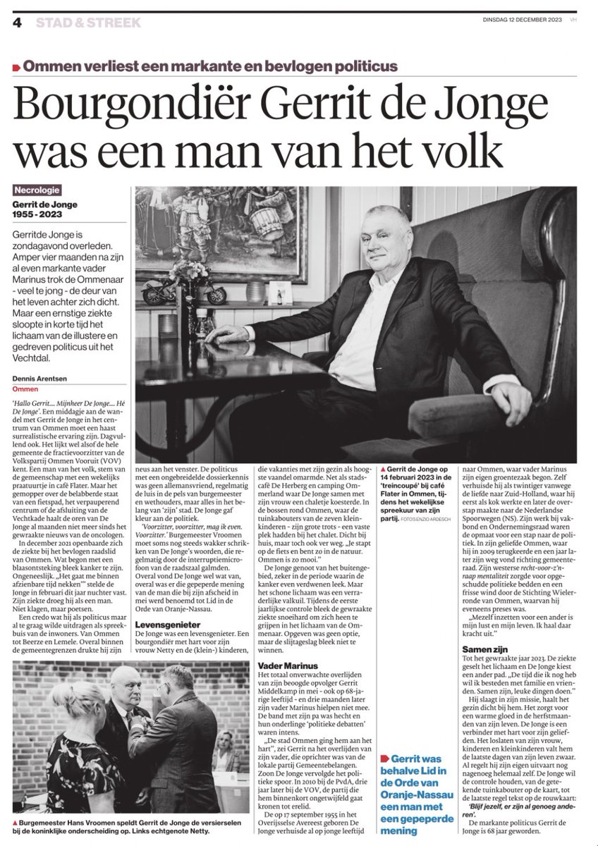 Wat een prachtig in memoriam van Gerrit de Jonge in <a href="/ds_Vechtdal/">deStentor_Vechtdal</a> "Een markante persoonlijkheid met een groot hart voor de Ommer samenleving".

Wij gaan hem missen! 

#vooraltijdinonshart #politicus #volksvertegenwoordiger #ommenaar #herinnering #inmemoriam