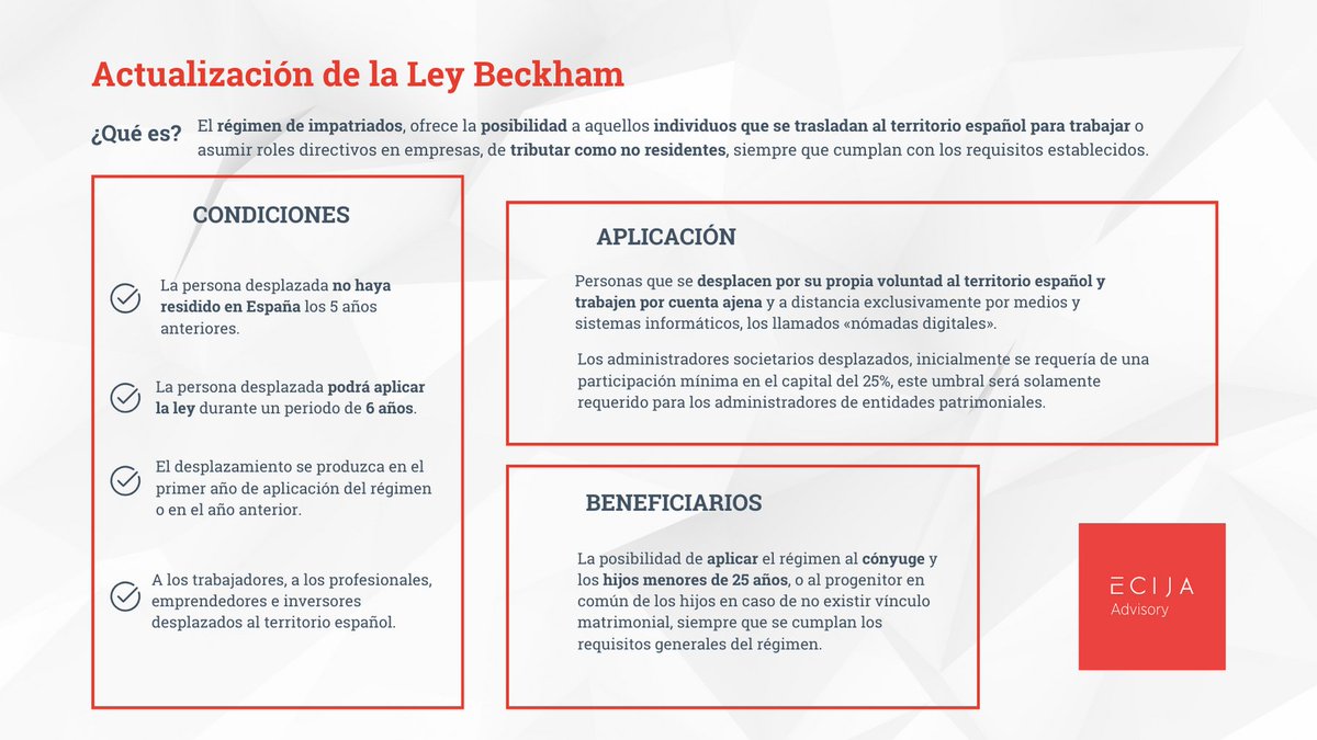 📣 Actualización de la Ley Beckham 

Permite tributar como no residente con previo cumplimiento de requisitos a las personas trabajadoras o administradoras societarias que se desplazan al territorio español. 

Descubre las novedades ⬇️

#ECIJAdvisory #leybeckham #IRPF #fiscal