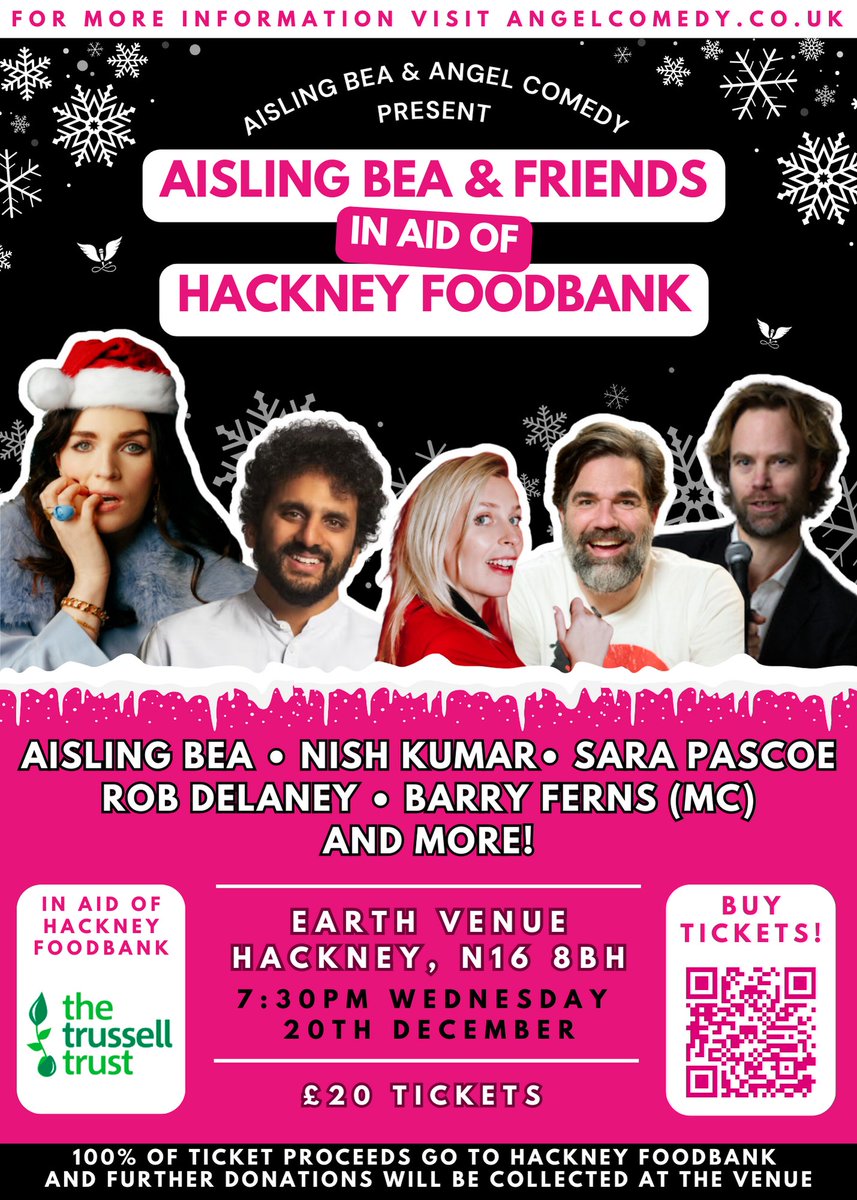 Aisling Bea (@WeeMissBea) & @angelcomedy are presenting a day of festive activities on 20 Dec in aid of @HackneyFoodbank incl. a gig featuring Bea, @MrNishKumar, @sarapascoe, @robdelaney & @barryferns. Food Drive & festivities: 2pm-6:30pm @billmurraypub Gig: 7:30pm @EartHackney