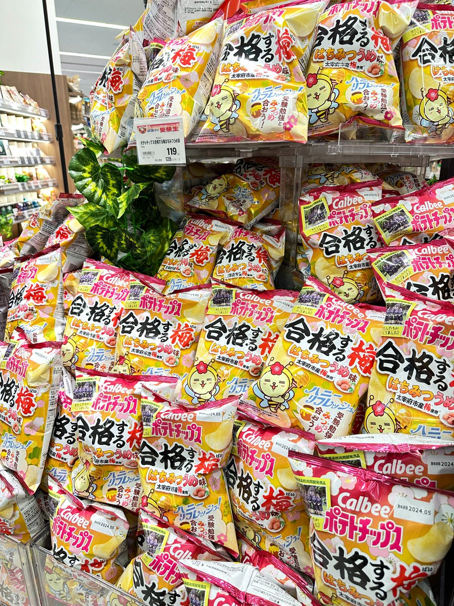 📢#カルビー ｘ #福岡農業高校 共同開発商品📢

ポテトチップス合格する梅が今年もやってきました！
今年の味はなんと……

💕💕💕💕💕💕
💕はちみつうめ味💕
💕💕💕💕💕💕

毎年楽しみすぎてたまらんと！💞
お買い求めはお近くの西鉄ストアで🫠

（※一部取り扱いのない店舗がございます。）