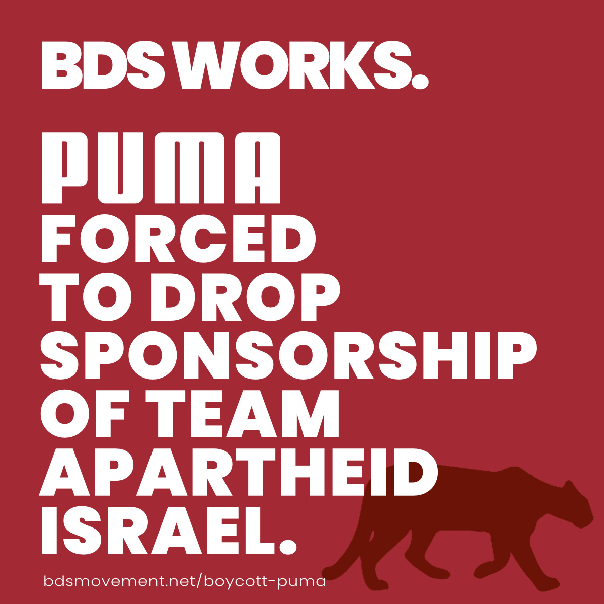 After years of BDS campaigning that has cost German conglomerate @PUMA dearly in reputation and projects, we have forced it to abandon its sponsorship of the Israel Football Association in this time of Israel's #GazaGenocide.