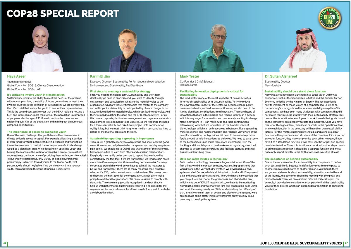 #CDA Professor Mark Tester has been featured in the #COP28 Special Report among 100 Middle East sustainability voices. Congratulations, Mark! See the full report: app.box.com/s/pm7wbfv43dy1… @KAUST_News #Sustainability #SustainableFuture