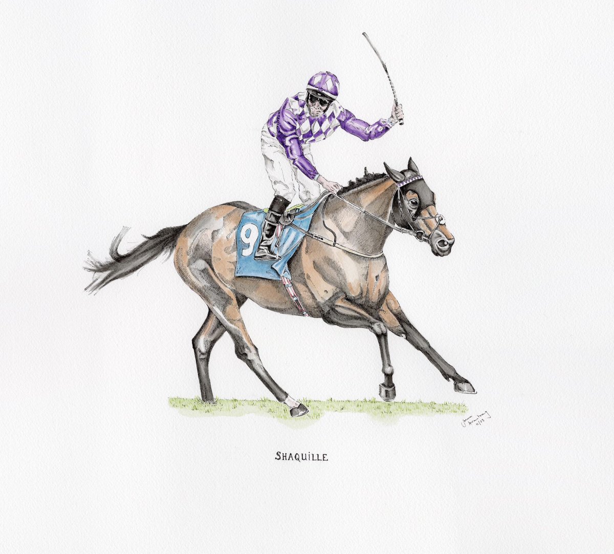 It was a pleasure to be commissioned to illustrate #Shaquille for @JCamachoRacing @dullingham_park With kind permission I have x2 Ltd Edition prints (5) which are for sale. 50% of proceeds will go to Graham Lee via @IJF_official Measure 46x61cm on 300gm fine art paper. 1/2