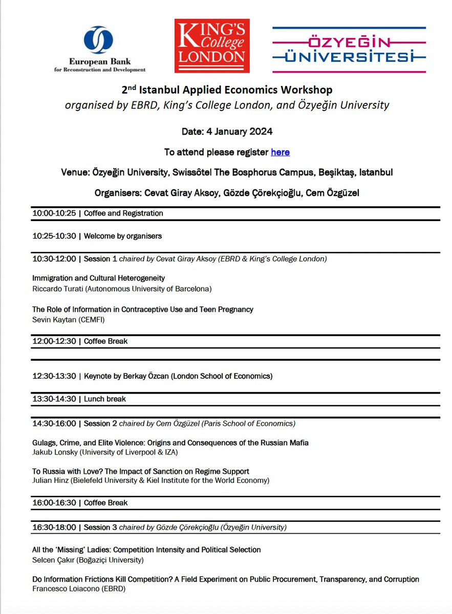 📢We are excited to announce the program for the 2nd Istanbul Applied Economics Workshop! 

As seats are limited, please register to attend. Registration link: forms.gle/FsHxYnQ8nVSPx2…