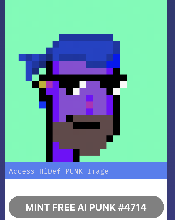 A "pre" AI Punk button is now displaying in Punks dashboard with StableDiffusion👍

Live this week - (1) Free AI PUNK per OG punk Art collectible.  AI Artwork is generated on demand with AI Tech🤖

This is an exciting first AI Infused Art Collectable for #iotex OG Punks.  #iotx