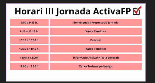 iaferre's tweet photo. Un horari de ...no parar  per aquesta tercera Jornada, que és on-line d'@ActivaFp 

Preparades i preparats per viure una aventura #activaFP ?

@impulsfp https://t.co/BaJkAEsBet