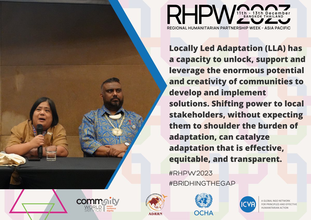 In Session 19 at #RHPW2023, delving deep into 'Bridging Localisation and Locally Led Adaptation Pathways.' 🌐 Join the real-time dialogue shaping the future of sustainable solutions! #BridgingtheGap #LocallyLedSolutions @OCHAAsiaPac @ADRRN1 @ICVAnetwork