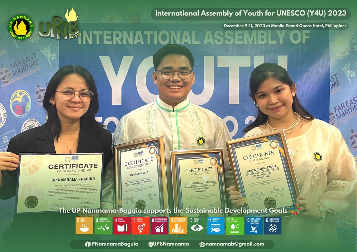 UPBNamnama's tweet photo. IN PHOTOS | UP NAMNAMA - Baguio attended the annual International Assembly of Youth for UNESCO (Y4U) last December 9-11, 2023, at the Manila Grand Opera Hotel, Philippines.

#Y4U
#UPNamnamaBaguio
#LEGENDaryNamans
#LEGENDaryYear https://t.co/hTMKIMwLO0