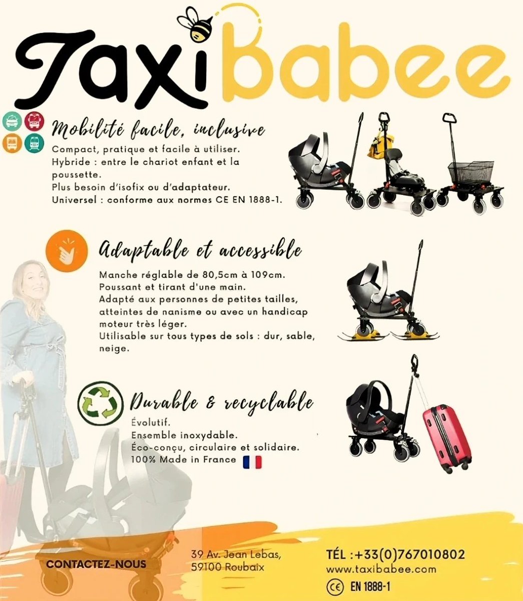 Nouvelle mobilité durable et accessible. Pour les parents avec bébés et enfants de bas âge.
Éco-conçu, circulaire, solidaire et inclusive.
100% Made in France 🇫🇷 By Roubaix.
taxibabee.com