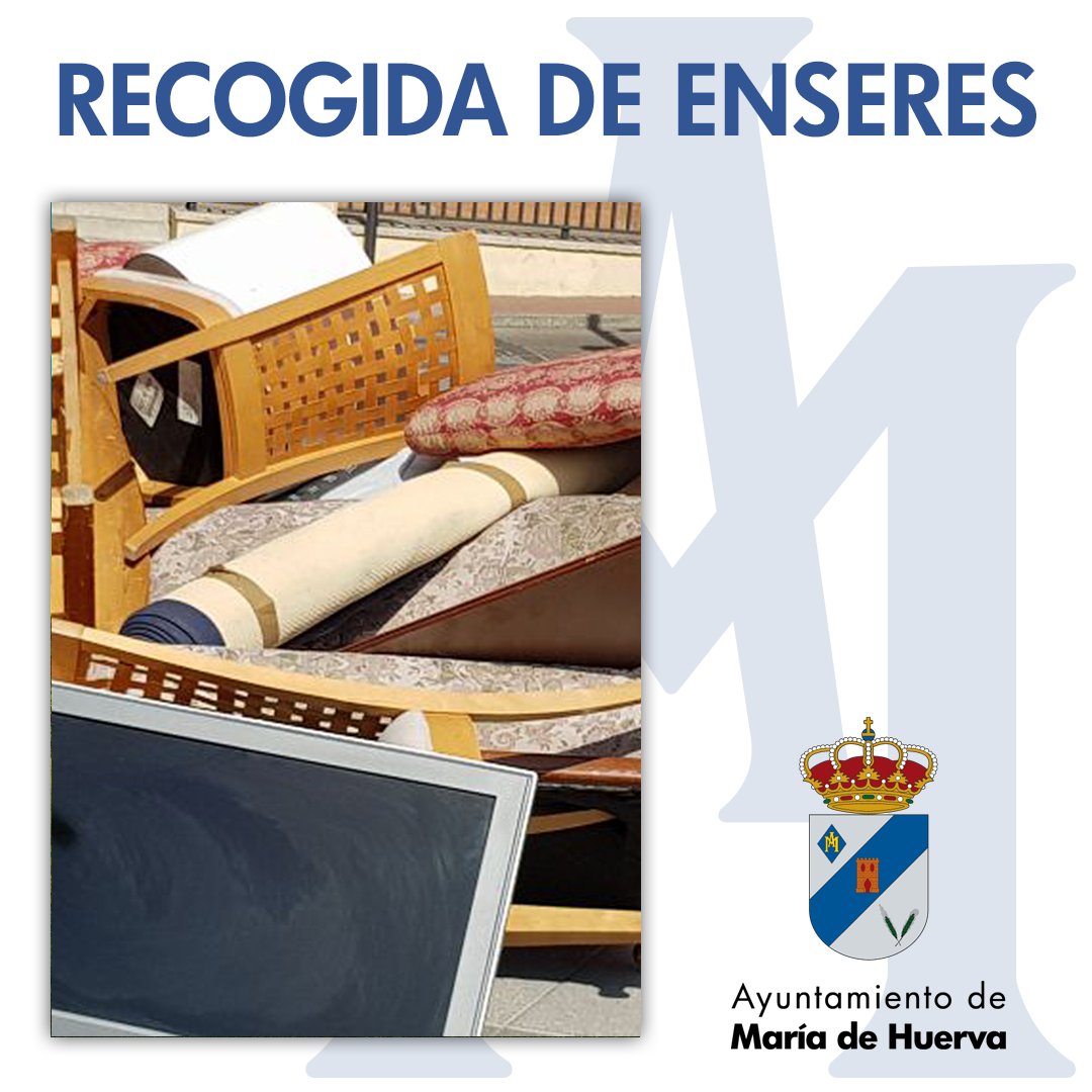 RECOGIDA DE MUEBLES Y ENSERES
Mañana MIÉRCOLES 13 de DICIEMBRE.
Depositen los muebles y enseres junto a los contenedores de basura la noche de hoy MARTES 12 DE DICIEMBRE.
NO SE RECOGEN ELECTRODOMÉSTICOS, éstos deben entregarse EN EL PUNTO LIMPIO.
mariadehuerva.org/areas/medioamb…