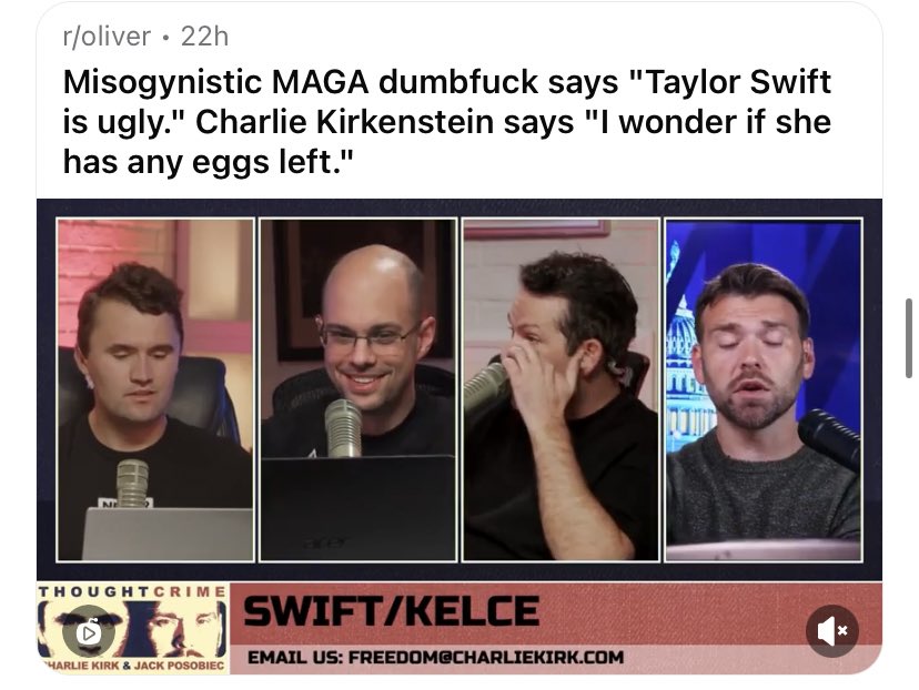 SWIFTIES ASSEMBLE. Charlie kirkenstein attempted to drag Taylor and be a misogynist @taylorswift13 @taylorswiftbr @taylorswiftnbr @TaylorSwiftDay_ @AquariusXVI @TaylorSwiftET @Taylorswizzy_13 @TaylorSwiftET