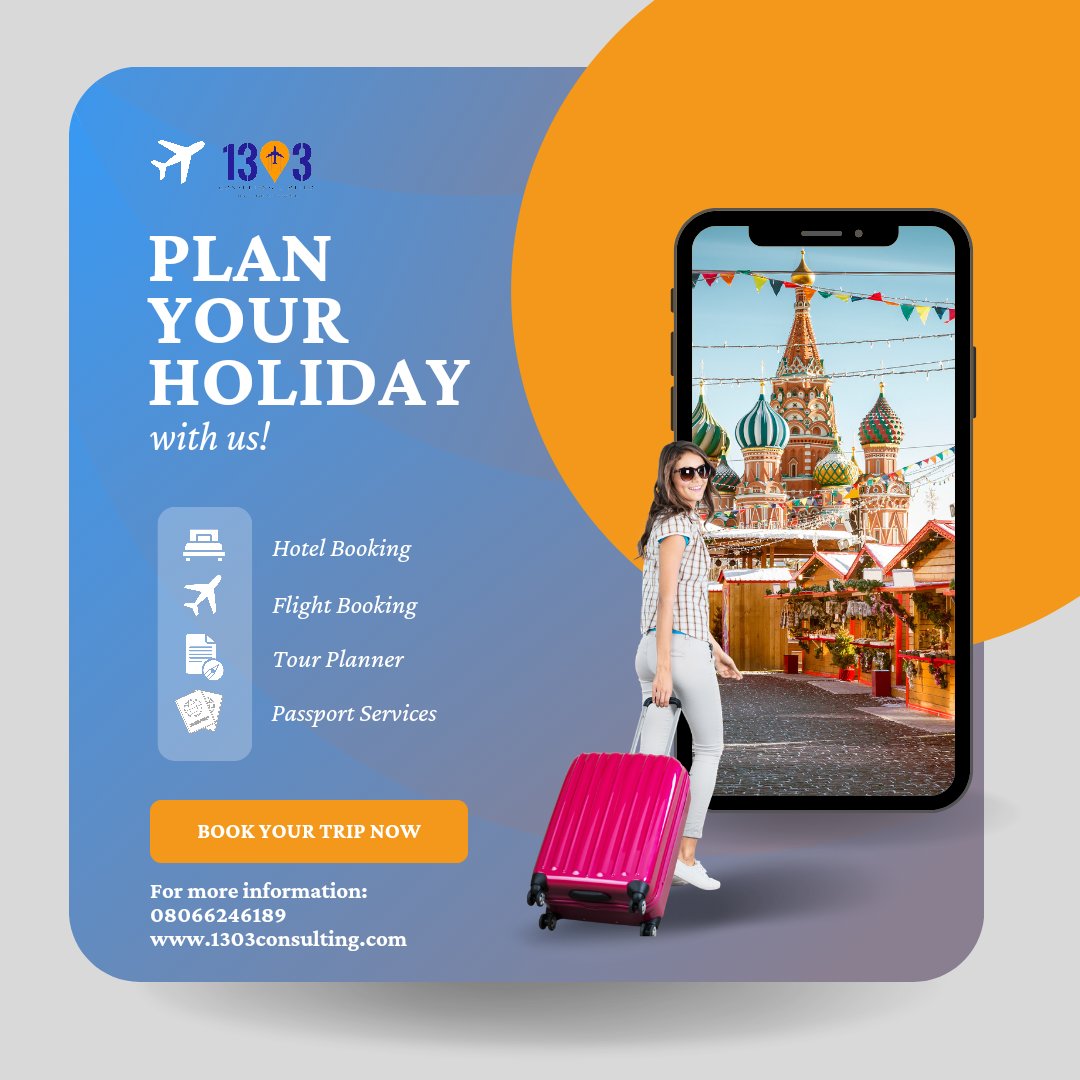 With 1303 Consulting, you can plan the perfect Christmas holidayyyy! ✈ From start to finish, we work to make your travel experience as stress-free as possible.
Contact us to reserve your services. 📞 08066246189

#1303Consulting #travelwith1303 #flighttickets #Christmas