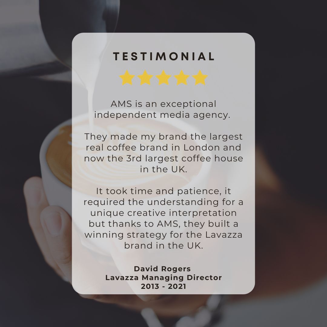 amsmediagroup's tweet image. Testimonial Tuesday 🌟

At AMS, we are proud to have many long lasting client relationships, one of which is with David Rogers, Lavazza Managing Director from 2013 - 2021.

#testimonial #actuallymakingsense