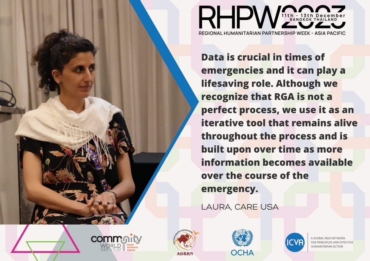 Live at this moment in Session 20 with @unwomenasia & @CAREGlobal! 🗣️ Join the dynamic conversation on 'Gender RGA A Stock-taking: Why RGAs are 'lifesaving' tools for responding to Women and Girls' Needs?' #RHPW2023 #BridgingtheGap @OCHAAsiaPac @ADRRN1 @ICVAnetwork