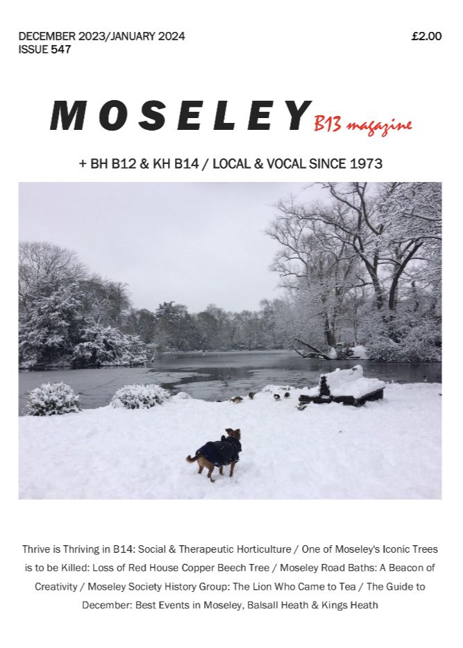 .@B13Newshound and a very snowy @MoseleyParkPool on the cover of the extremely festive December/January @MoseleyB13Mag Magazine. Out now! ❄️🐕⛄️ Available in all good local shops. Get yours before they sell out etc etc