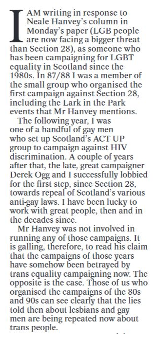 LGBTIScotland's tweet photo. Our Director has this letter in the National today, in response to an appalling comment article yesterday by Alba MP Neale Hanvey.

Screenshot attached. The text can also be accessed here: https://t.co/Fok5t0qrom https://t.co/G46Ywo0qi5