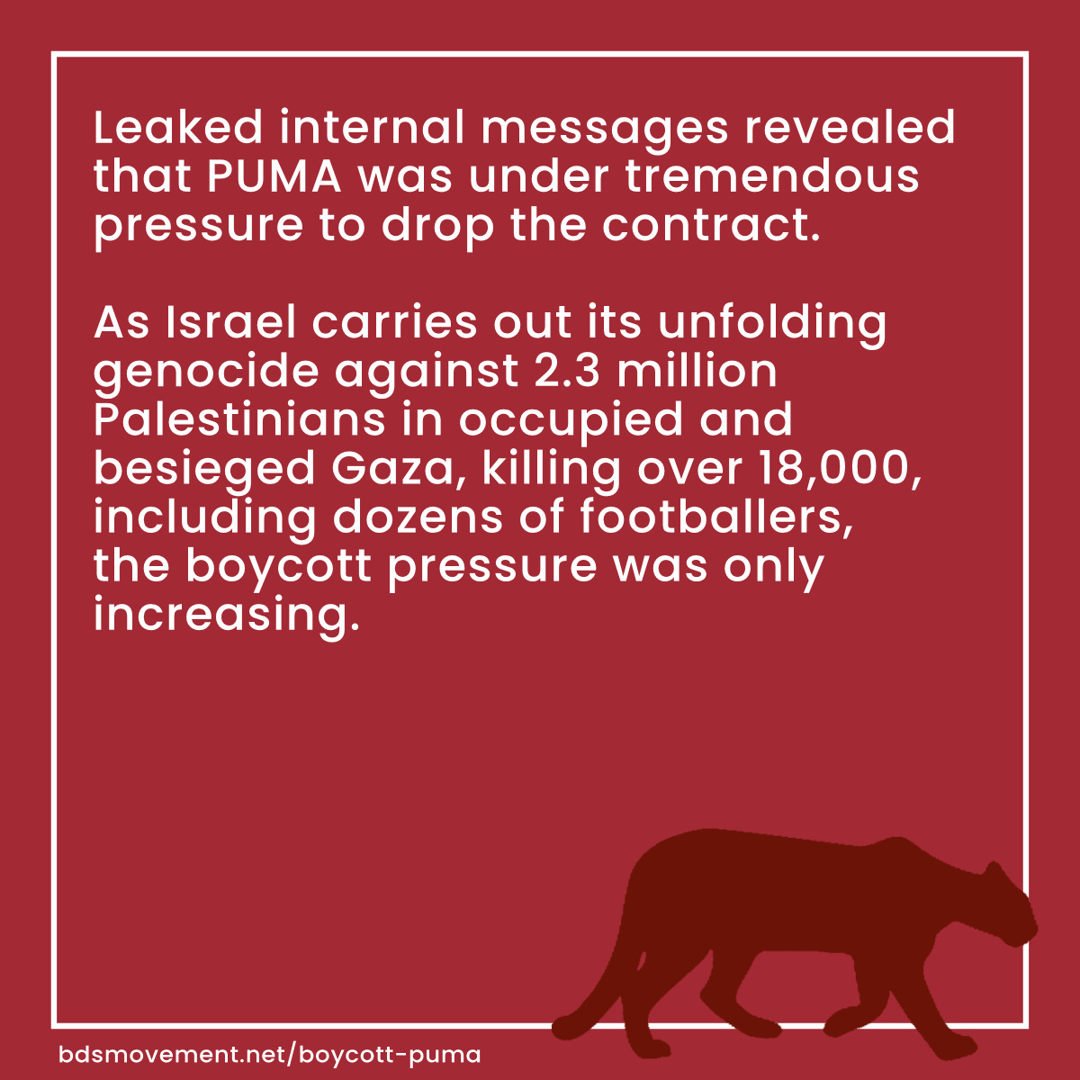 PACBI's tweet image. In BDS win, @PUMA forced to drop sponsorship of Israel Football Association. 

PUMA has been the target of a worldwide BDS campaign over its support for Israeli apartheid. The IFA governs and advocates to maintain teams in illegal Israeli settlements on stolen Palestinian land.