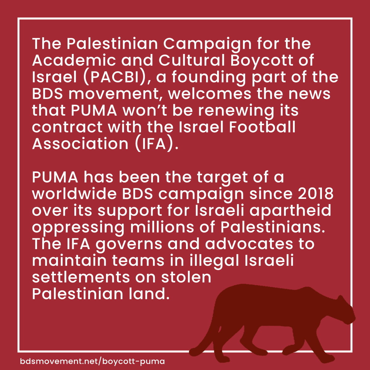 PACBI's tweet image. In BDS win, @PUMA forced to drop sponsorship of Israel Football Association. 

PUMA has been the target of a worldwide BDS campaign over its support for Israeli apartheid. The IFA governs and advocates to maintain teams in illegal Israeli settlements on stolen Palestinian land.