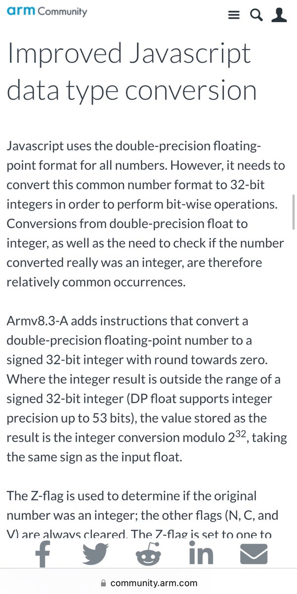 laughinghan's tweet image. Fun fact: ARM has a dedicated CPU instruction to speed up JavaScript

It’s called `fjcvtzs`, which, same tbh

Basically the JS spec hardcoded some idiosyncratic x86 behavior converting float64→int32 that’s slow to emulate in ARM, and it’s a somewhat hot path because there’s