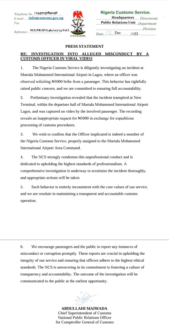 NIGERIA CUSTOMS launch investigation into viral video of female officer demanding N5,000 bribe from a passenger