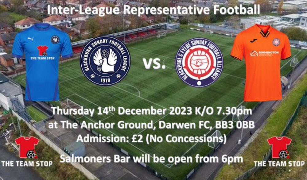 ▶️ Thursday Night Football

On Thursday evening we are taking part in an inter-league fixture between The <a href="/BlackburnLeague/">The Blackburn Sunday Football League</a> and The <a href="/BFSFA/">BFSFA</a>.

Details below 👇

#OneClub 🍊 🍊