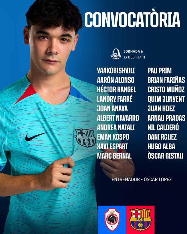 📋 𝐂𝐎𝐍𝐕𝐎𝐂𝐀𝐓𝐎̀𝐑𝐈𝐀 📋 🏆 @UEFAYouthLeague 📅 Jornada 6 ⚽️🔜 Royal Antwerp 🆚 𝐉𝐮𝐯𝐞𝐧𝐢𝐥 𝐀 #FCBMasia 💙❤️