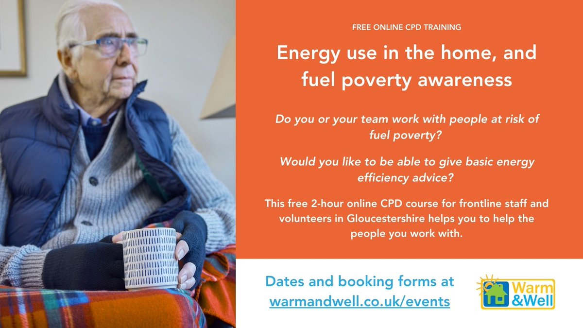 Do you or your team work with people at risk of #fuelpoverty? Would you like to be able to give basic #energyefficiency advice? This free 2-hour online #CPD course for frontline staff &amp; volunteers in #Gloucestershire helps you to help vulnerable people.
warmandwell.co.uk/events