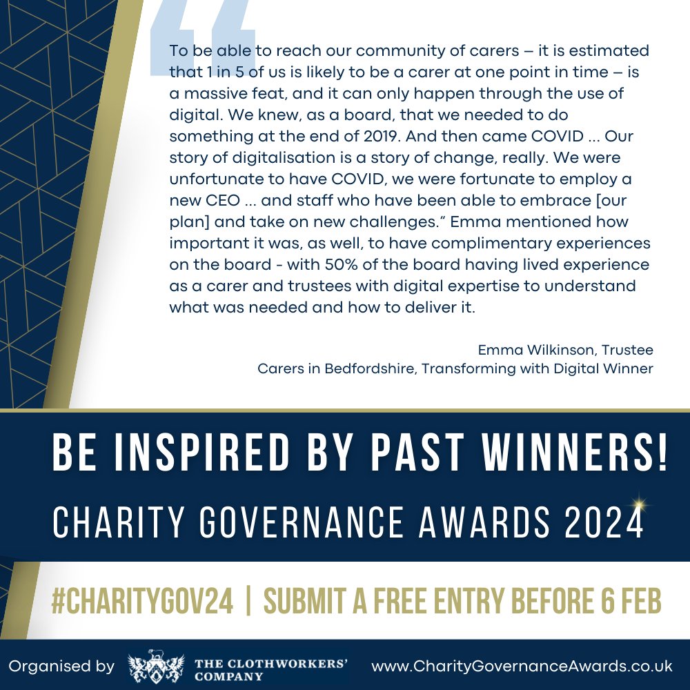 #CharityGov2024 is open! Choose from 6 categories that allow you to celebrate your #trustees. Entry is FREE! Be inspired by past winner @CarersInBeds (Transforming w/ #Digital). Read their story and submit your own entry at ow.ly/kzX250QfxGM